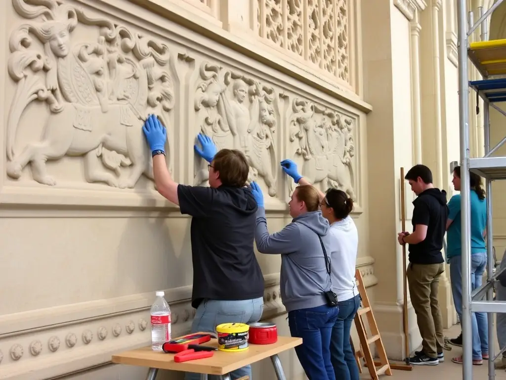 A photograph showcasing volunteers working diligently to restore a centuries-old building in Saint Remy de Salers, preserving its architectural integrity and historical significance.