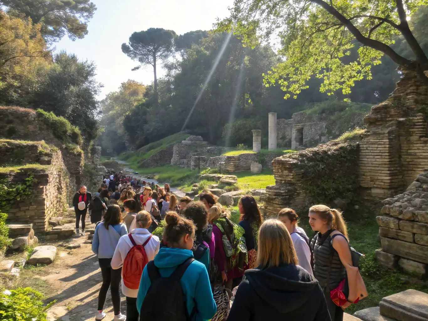 A group of students participating in a guided tour of a historical site, highlighting the organization's educational programs.