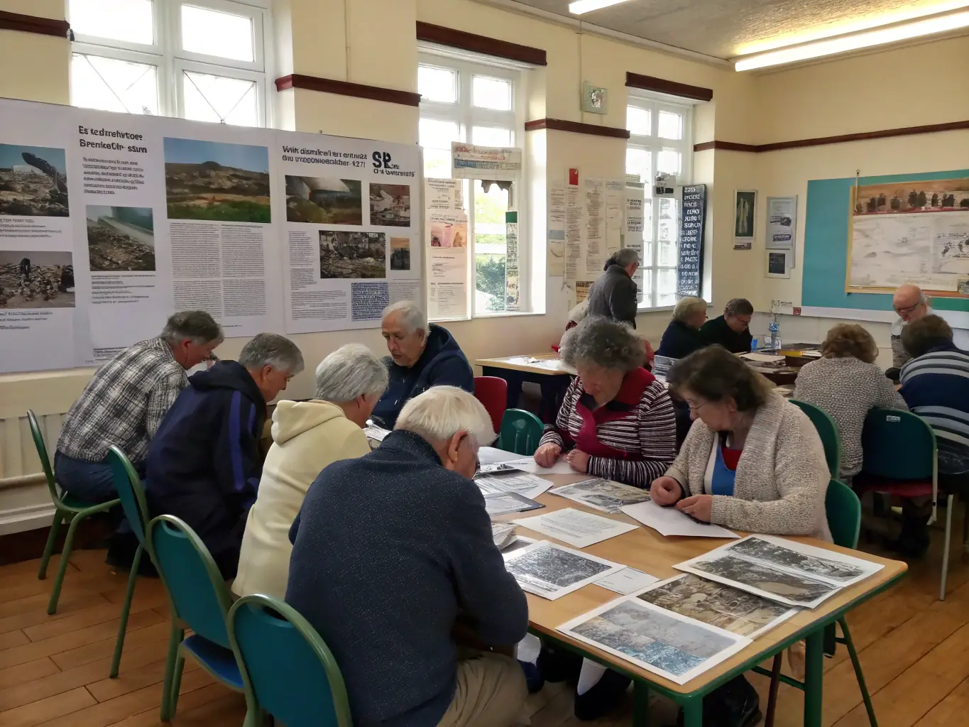 A picture of a community event showcasing local historical artifacts and documents, with people of all ages engaging with the exhibits.