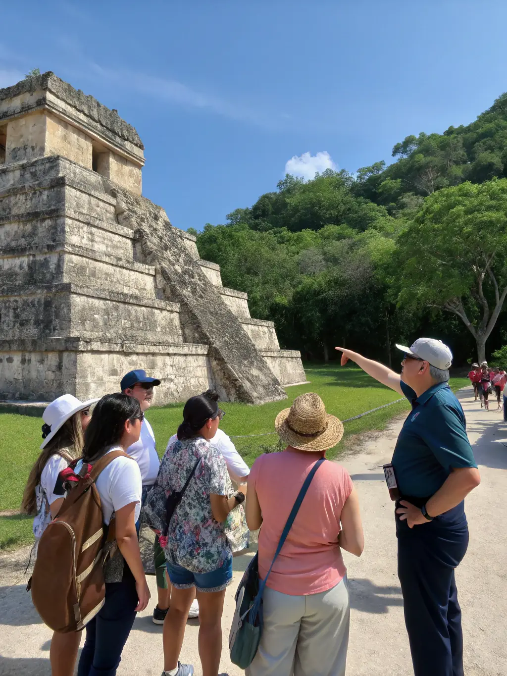 A photograph of a guided tour group visiting a local historical landmark, with the guide pointing out significant architectural details.