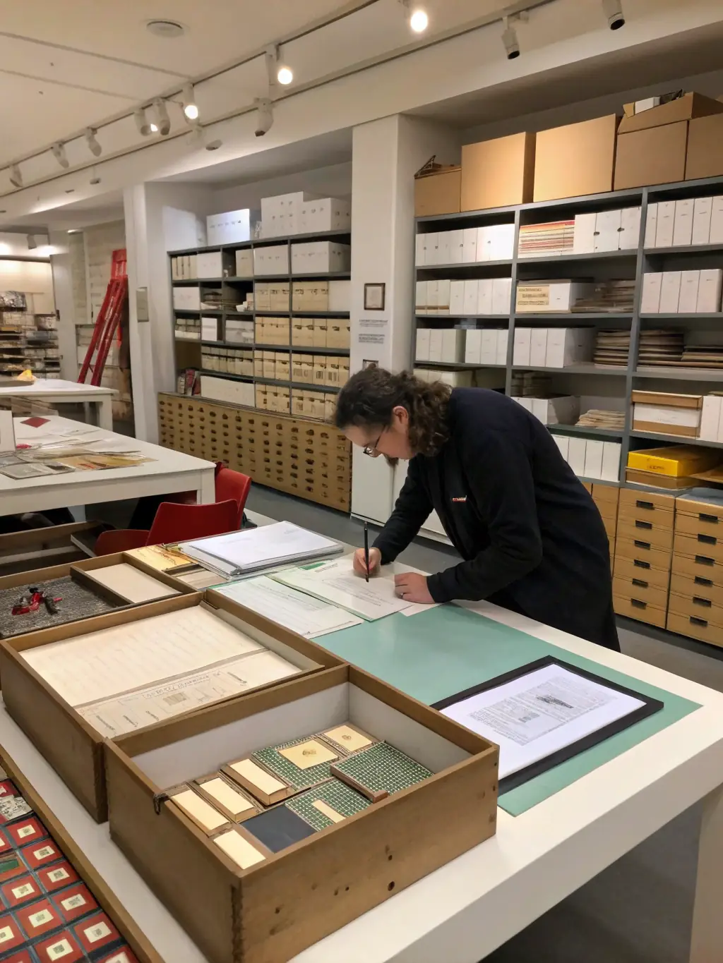 A detailed image of archivists carefully cataloging historical documents and photographs in the archives of Saint Remy de Salers.