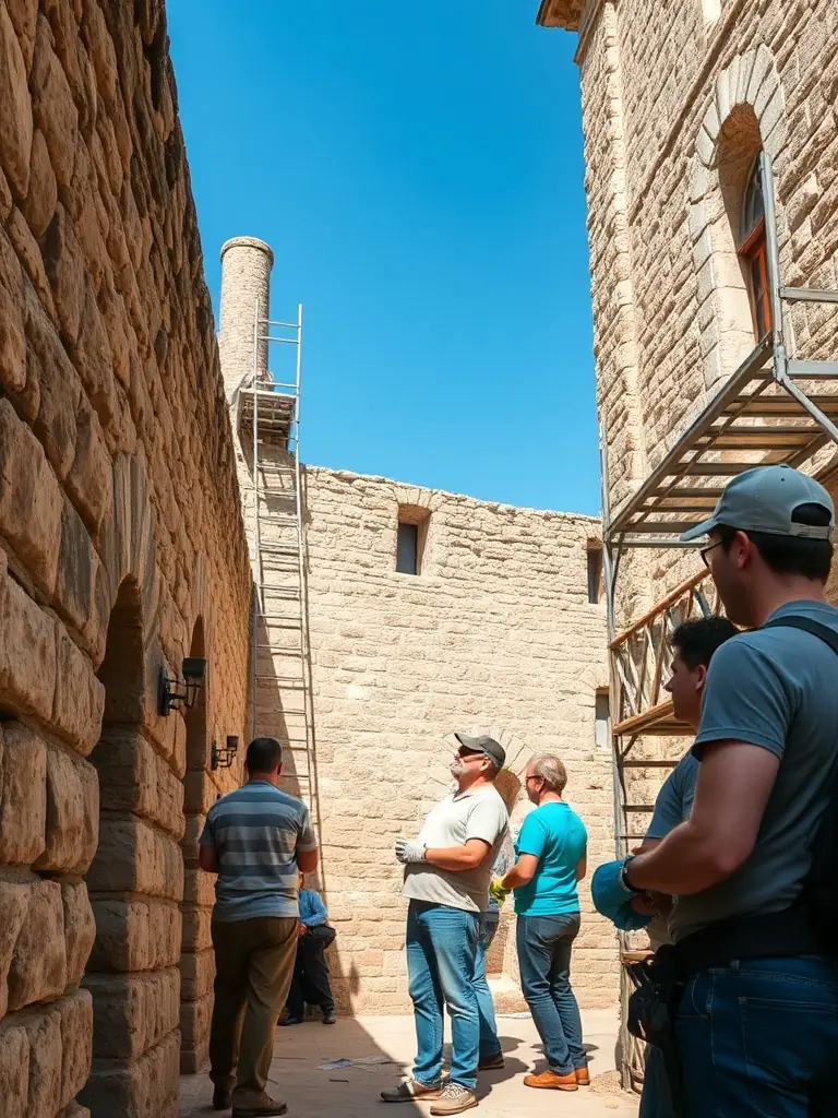 A photograph of volunteers working on the restoration of an old stone wall at a historical site in Saint Martin Valmeroux, showcasing teamwork and dedication.